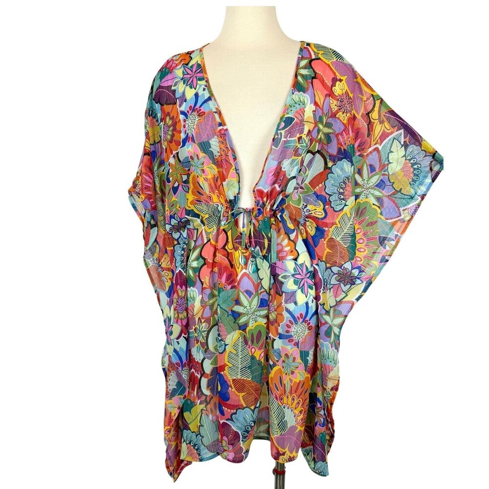 Bleu by Rod Beattie Sheer Caftan Swim Beach Coverup Mini Dress L